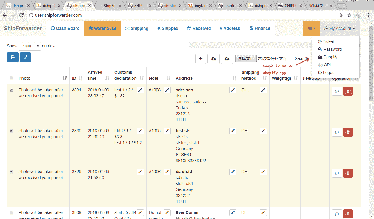 shopify Ship forward from China 