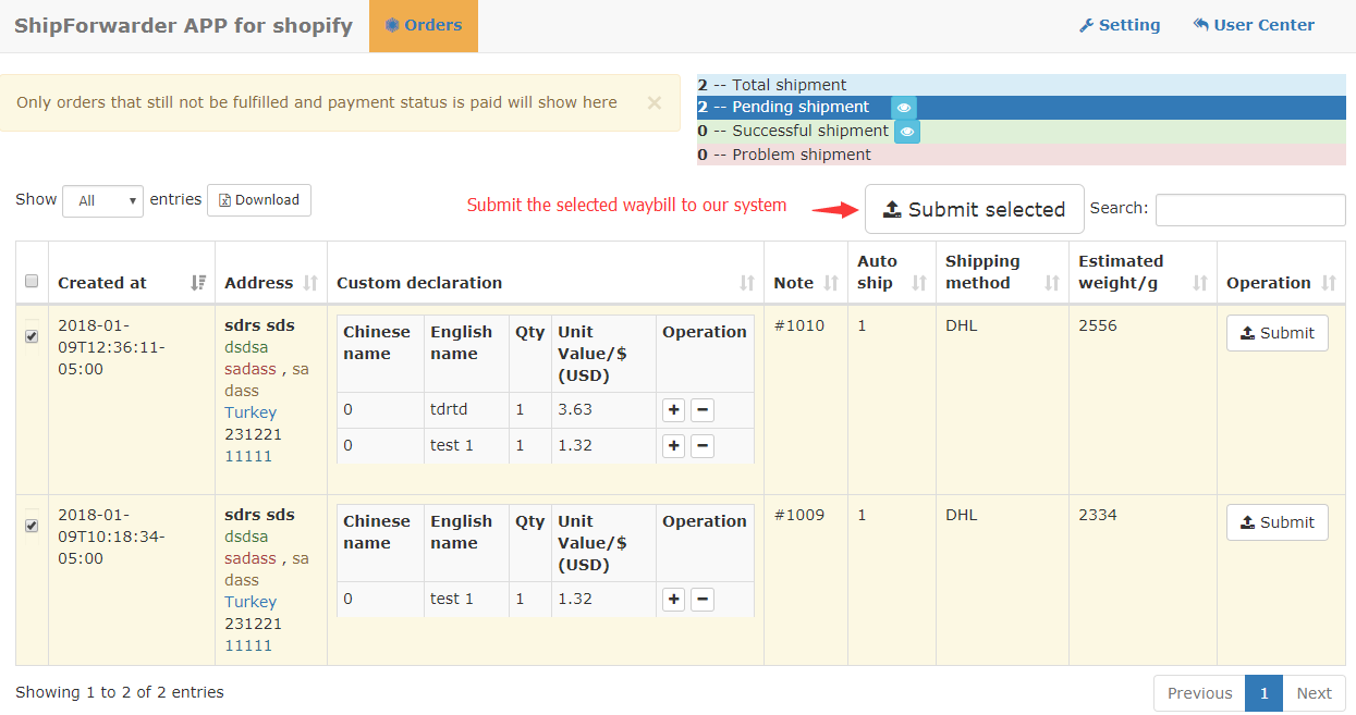 shopify Ship forward from China